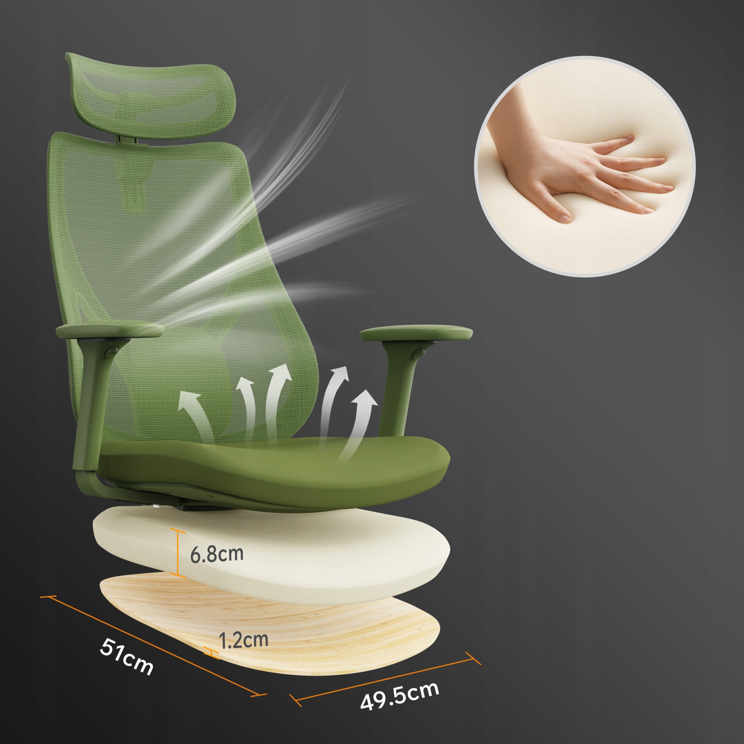 Zielony fotel biurowy z ergonomicznym oparciem i regulowanymi podłokietnikami, z widocznymi wymiarami siedziska: 51 cm szerokości, 49.5 cm głębokości, oraz warstwą pianki o grubości 6.8 cm. Obok znajduje się okrągły obrazek przedstawiający dłoń naciskającą na miękką powierzchnię.