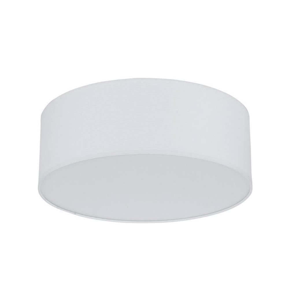 Biała, cylindryczna lampa sufitowa z tekstylnym kloszem. Lampa ma nowoczesny design i jest przeznaczona do montażu na suficie.
