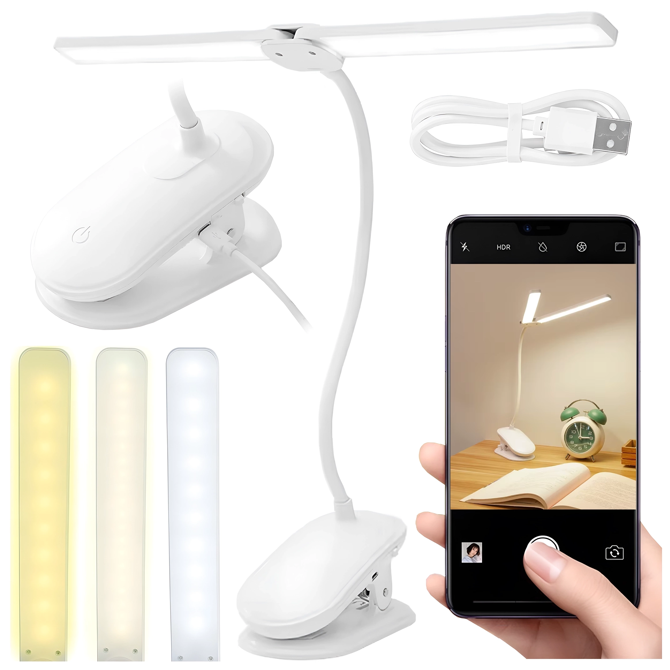Obraz przedstawia białą lampkę biurkową LED z elastycznym ramieniem i klipsem, obok której znajduje się kabel USB. Na dole widoczne są trzy paski światła w różnych odcieniach, a na telefonie komórkowym wyświetlone jest zdjęcie lampki na biurku z książką i budzikiem.