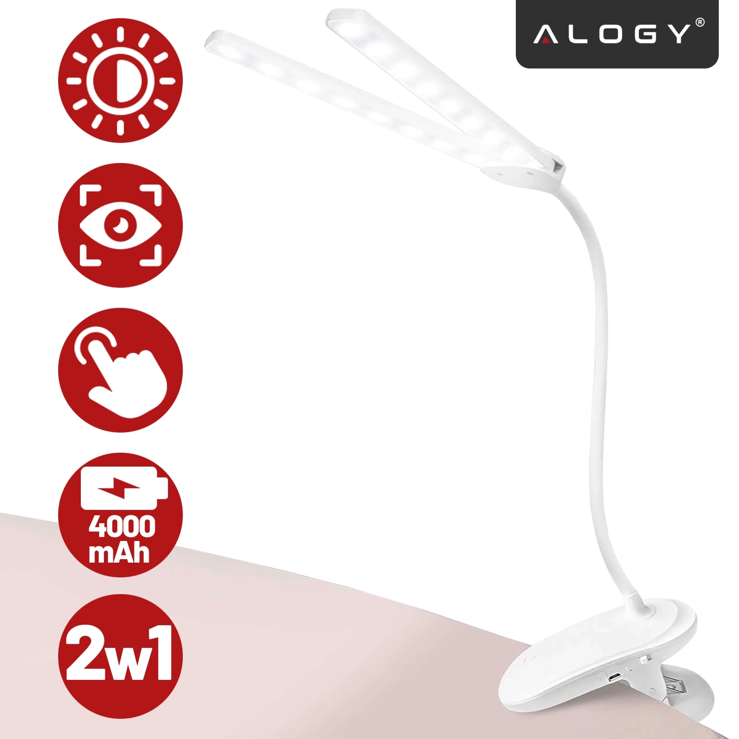 Biała lampka biurkowa LED z elastycznym ramieniem i klipsem, obok której znajdują się czerwone ikony z symbolami: słońce, oko, palec, bateria z napisem \'4000 mAh\' oraz \'2w1\'. W prawym górnym rogu widoczne jest logo \'ALOGY\'.