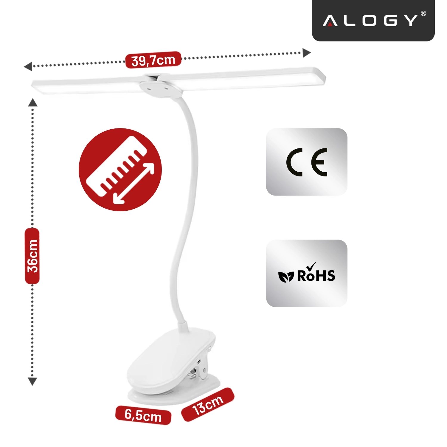 Biała lampka biurkowa z klipsem, o wymiarach 39,7 cm długości i 36 cm wysokości, z logo \'ALOGY\' w rogu. Obok lampki znajdują się oznaczenia \'CE\' i \'RoHS\'.