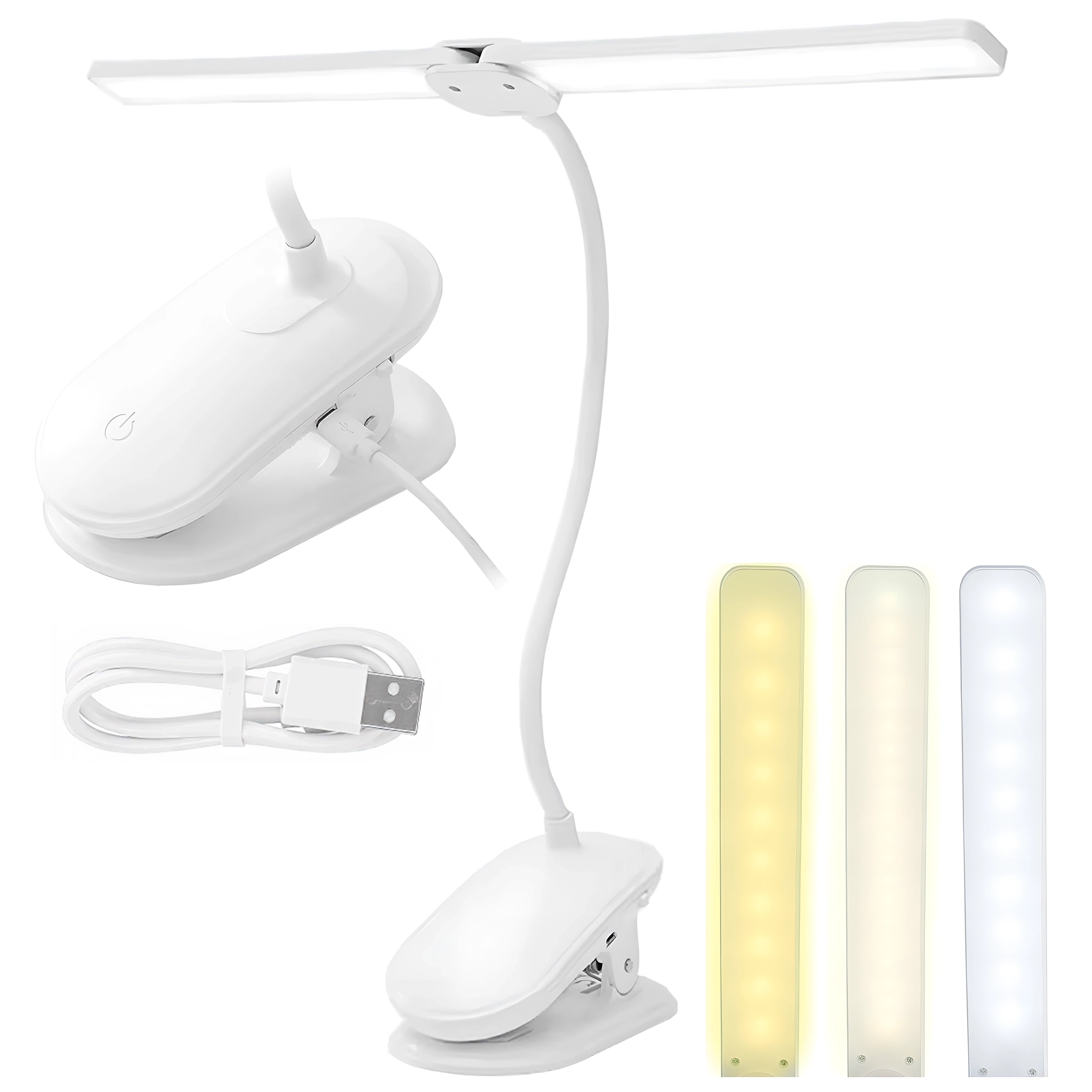 Na obrazie widoczna jest biała lampka biurkowa z elastycznym ramieniem i klipsem, obok której znajduje się kabel USB. Obok lampki pokazane są trzy różne barwy światła: żółta, ciepła biała i zimna biała.