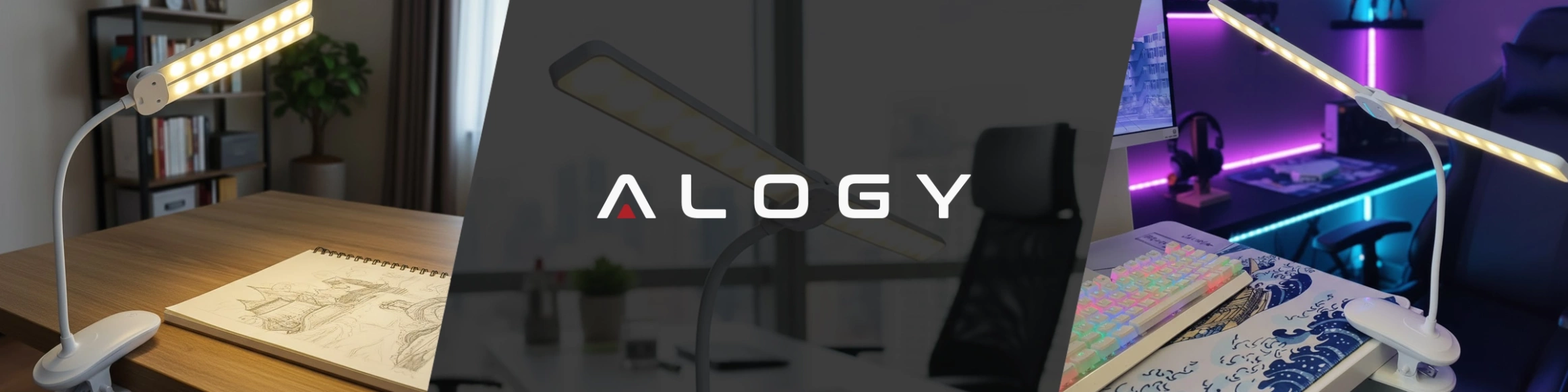 Obraz przedstawia trzy ujęcia lampki biurkowej LED z klipsem, umieszczonej na różnych biurkach. Na środku widoczne jest logo \'ALOGY\'.