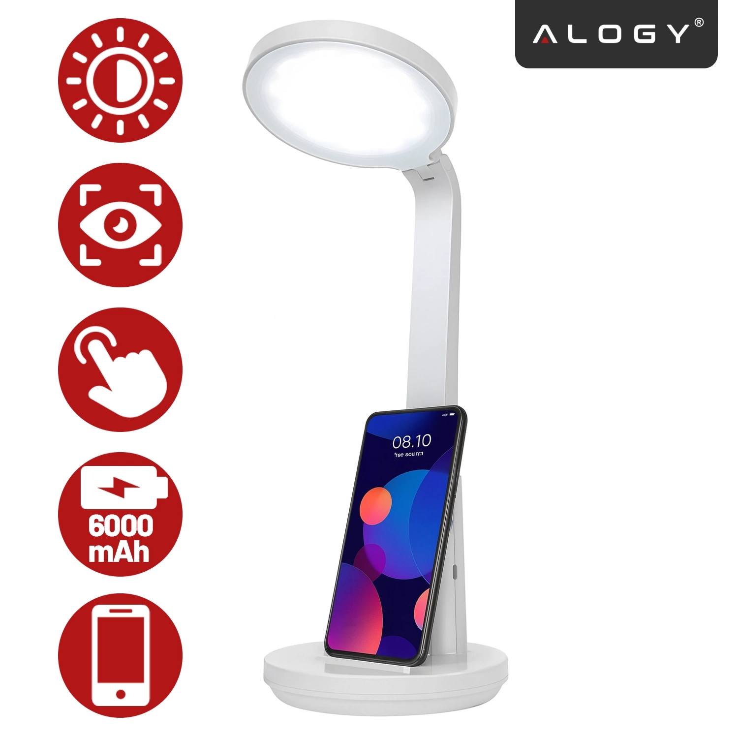 Biała lampka biurkowa LED z okrągłym kloszem, posiada miejsce na telefon w podstawie. Obok lampki znajdują się czerwone ikony z symbolami: słońca, oka, palca, baterii 6000 mAh i telefonu, a w prawym górnym rogu widoczne jest logo \'ALOGY\'.