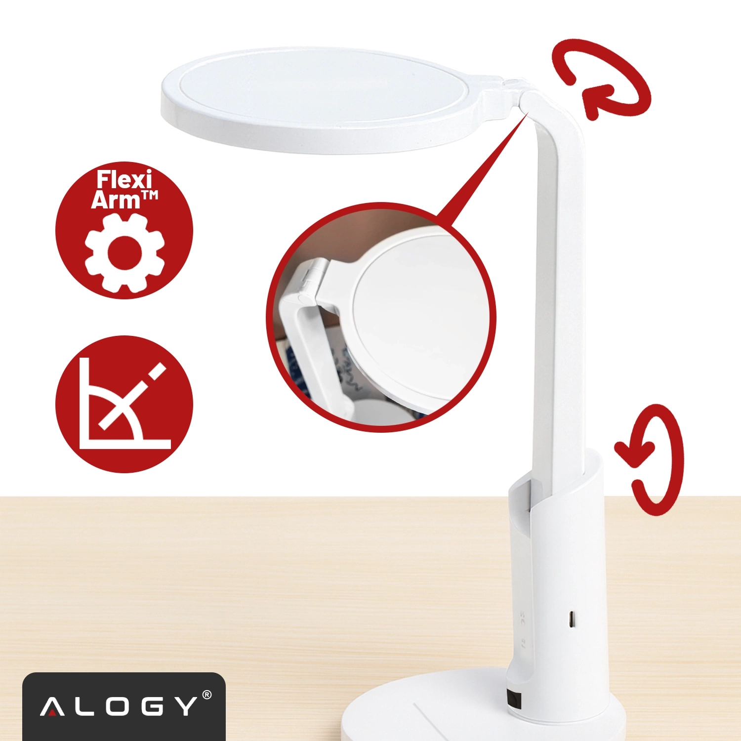 Biała lampka biurkowa z regulowanym ramieniem i okrągłą głowicą, obok której znajdują się czerwone ikony z napisami \'Flexi Arm™\'. Na dole widoczne jest logo \'ALOGY\'.