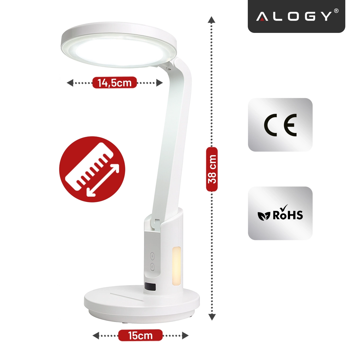 Biała lampka biurkowa LED z regulowanym ramieniem, o wysokości 38 cm, średnicy podstawy 15 cm i średnicy klosza 14,5 cm. Widoczne są oznaczenia CE i RoHS oraz logo Alogy.