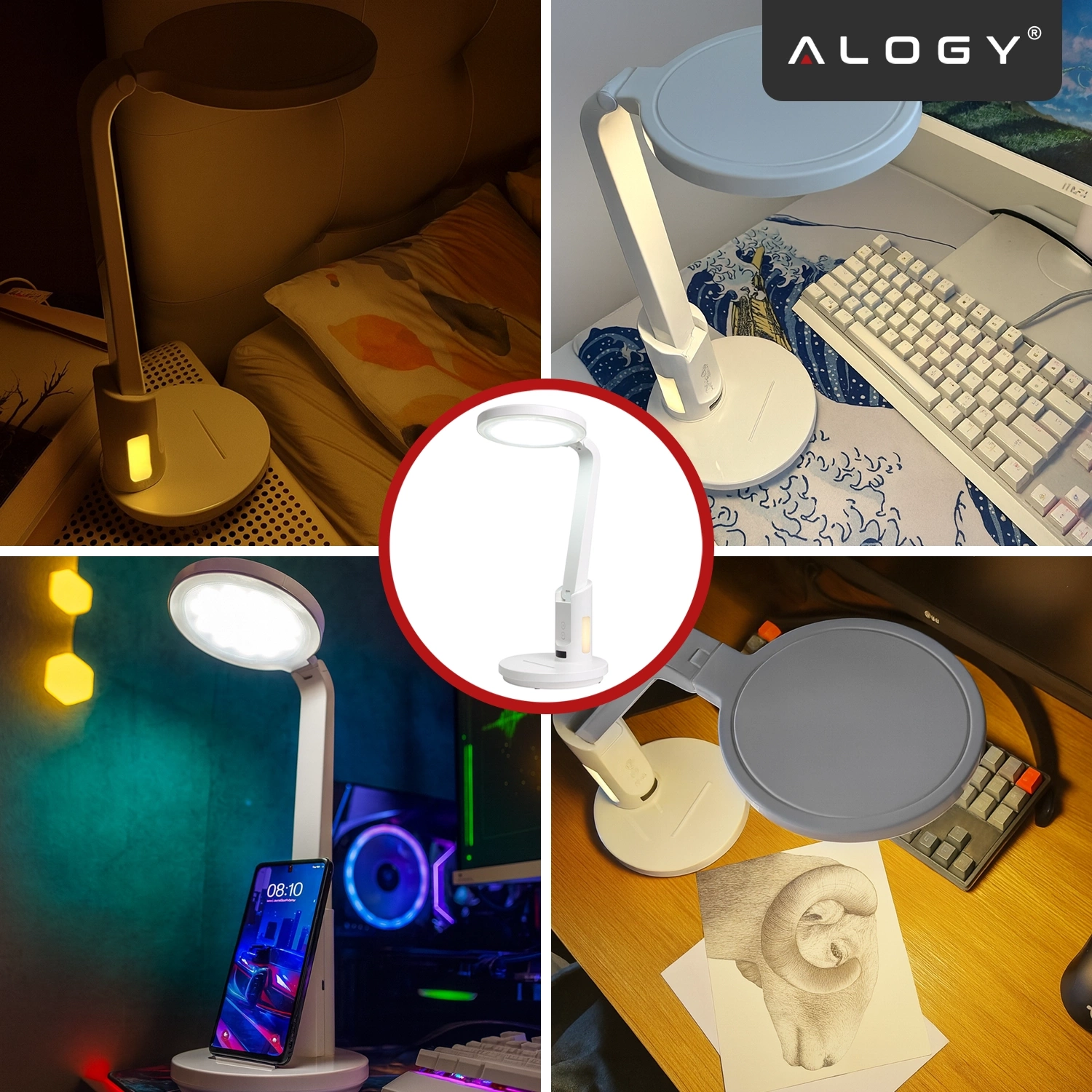 Kolaż zdjęć przedstawiający białą lampkę biurkową LED z regulowanym światłem i podstawką na telefon. W lewym górnym rogu widoczne jest logo \'ALOGY\'.
