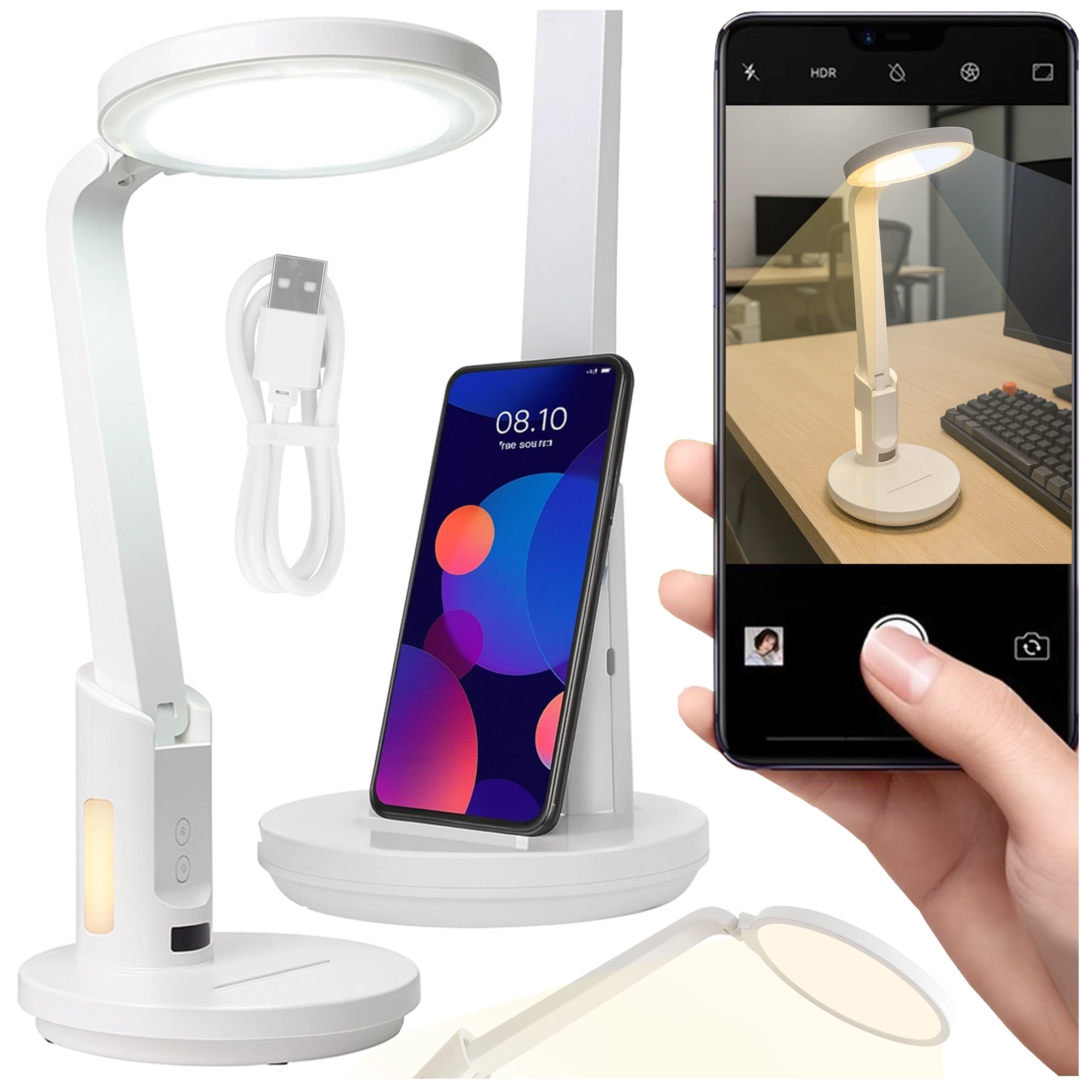 Na obrazie widoczna jest biała lampka biurkowa LED z okrągłym kloszem, podstawka z miejscem na telefon oraz kabel USB. Obok lampki znajduje się smartfon z wyświetlonym zdjęciem tej samej lampki na biurku.