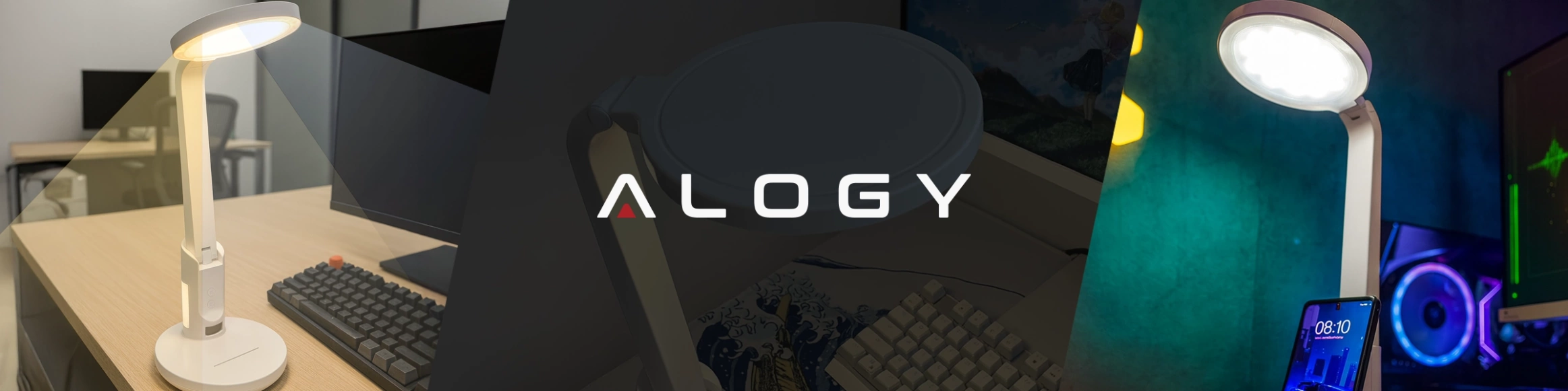 Obraz przedstawia trzy ujęcia lampki biurkowej LED z regulowanym światłem i podstawką, z logo \'ALOGY\' na środku. Lampka znajduje się na biurku obok klawiatury i telefonu.