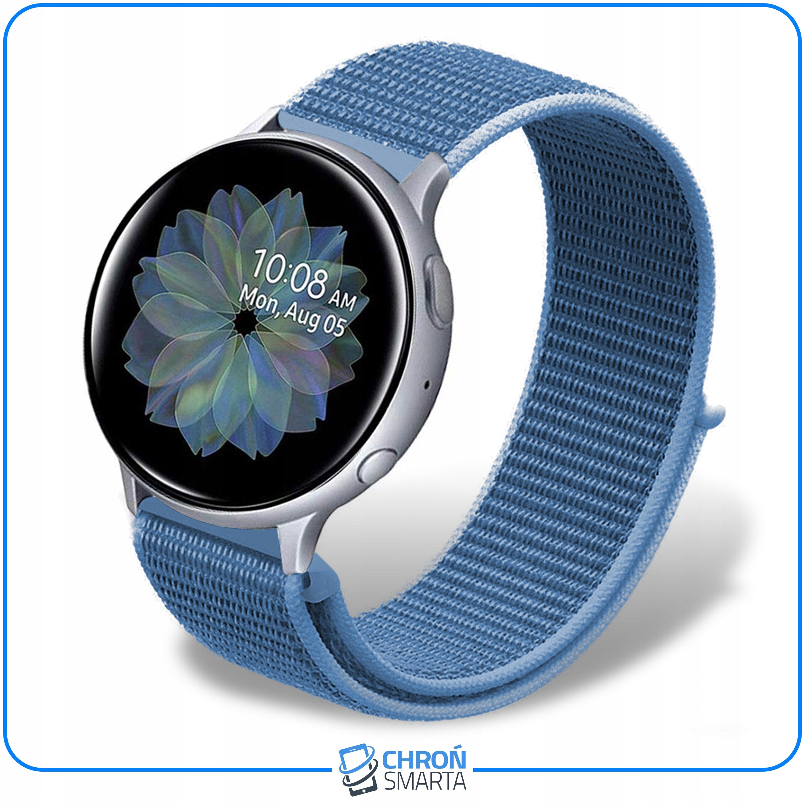 Na zdjęciu znajduje się smartwatch z niebieskim paskiem, na którego ekranie widoczny jest kwiatowy wzór oraz godzina 10:08 AM, Mon, Aug 05. W dolnej części zdjęcia znajduje się logo \'CHROŃ SMARTA\'.