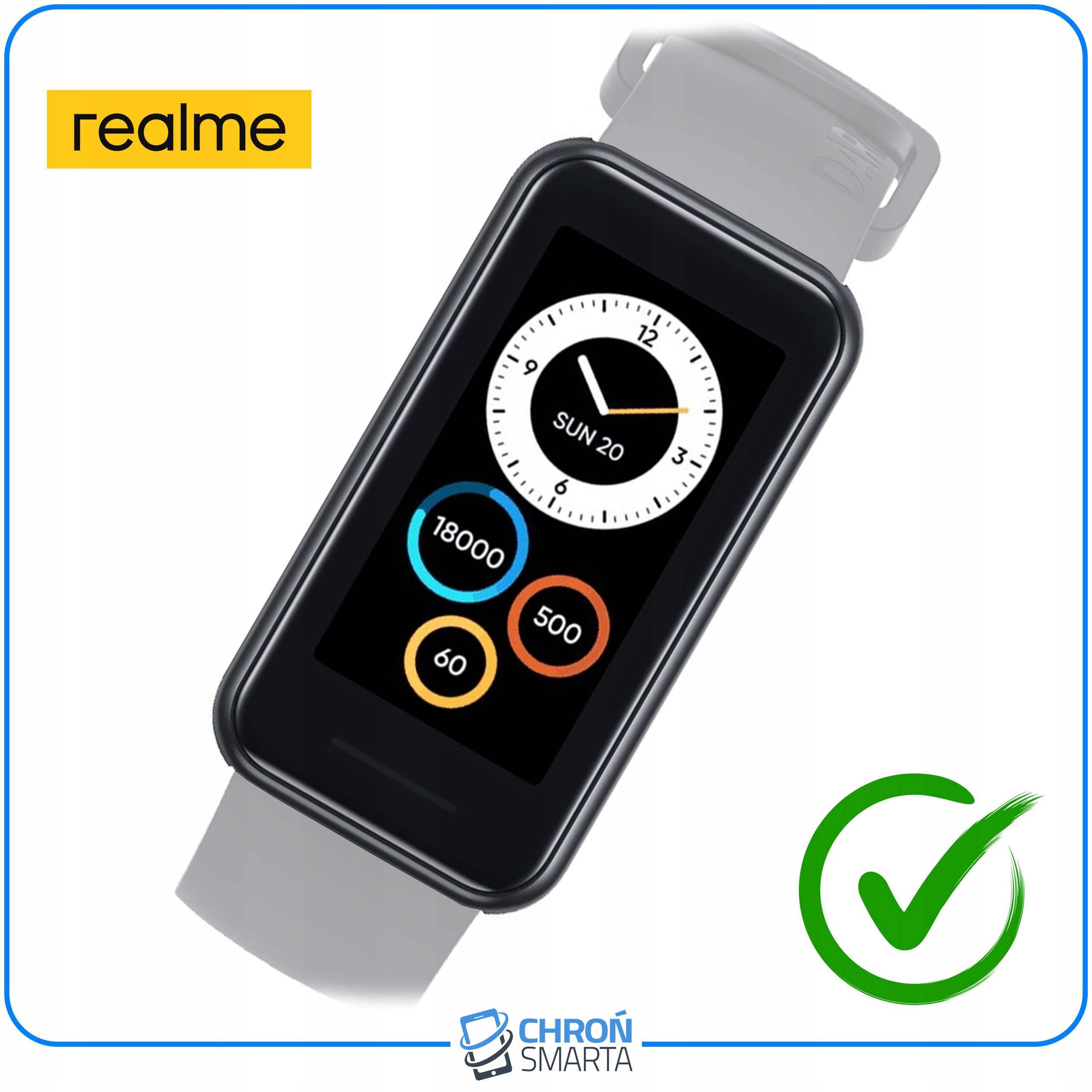 Na zdjęciu znajduje się smartwatch z wyświetlaczem pokazującym tarczę zegara i trzy kolorowe okręgi z liczbami: 18000, 500, 60. Widoczne są również logo \'realme\' oraz napis \'CHROŃ SMARTA\' z ikoną zegarka.