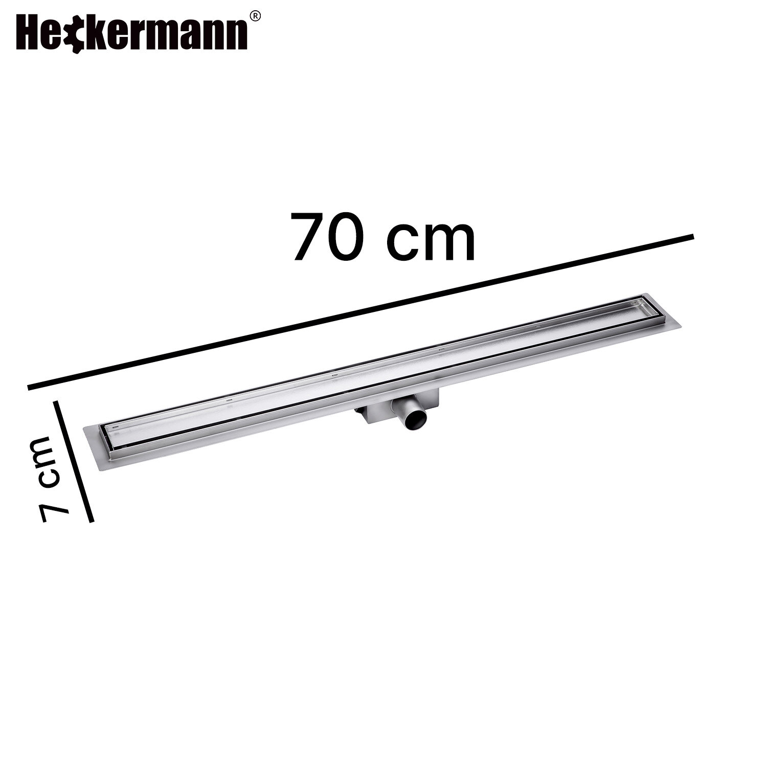 Na obrazie widoczny jest srebrny odpływ liniowy prysznicowy o długości 70 cm i szerokości 7 cm. W lewym górnym rogu znajduje się logo \'Heckermann\'.