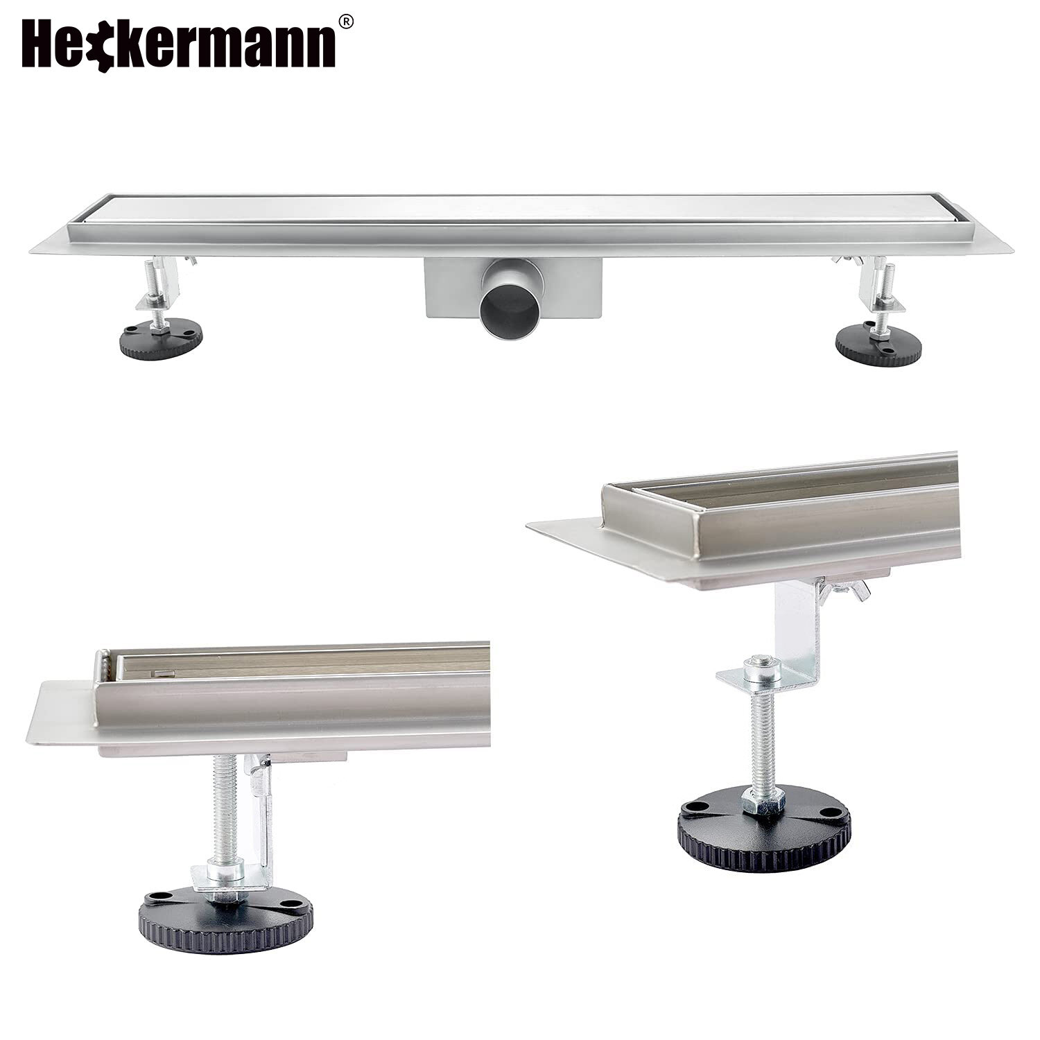 Odpływ liniowy prysznicowy podłogowy Heckermann 60cm Srebrny z widocznymi detalami montażowymi i logo Heckermann w lewym górnym rogu.
