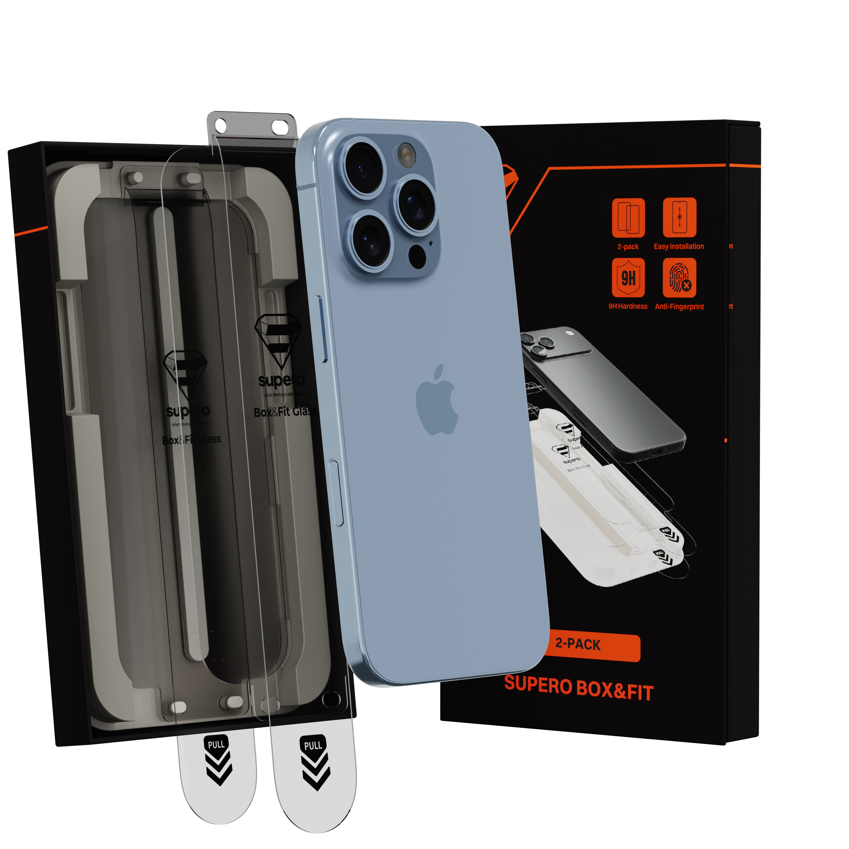 Na obrazie widoczny jest telefon z trzema aparatami oraz opakowanie z napisem \'supero Box&Fit Glass\'. Opakowanie zawiera informacje: \'2-pack\', \'Easy Installation\', \'9H Hardness\', \'Anti-Fingerprint\'.