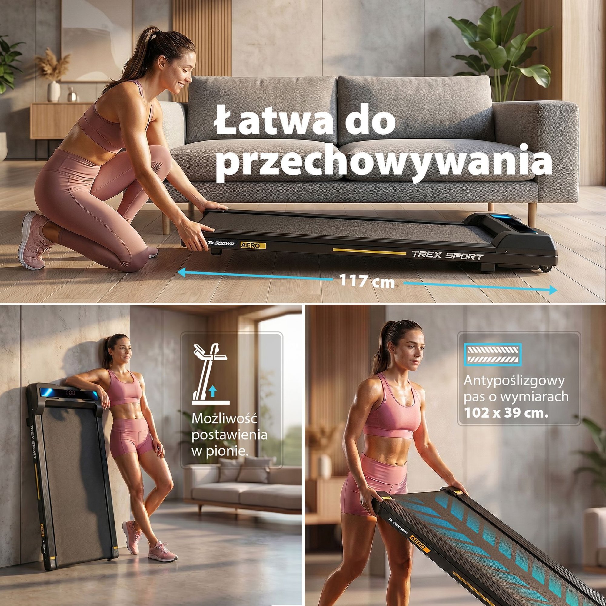 Na obrazie widoczna jest bieżnia elektryczna TREX SPORT z napisem \'Łatwa do przechowywania\' oraz wymiarami 117 cm i 102 x 39 cm. Bieżnia jest prezentowana w pozycji poziomej i pionowej, a także z antypoślizgowym pasem.