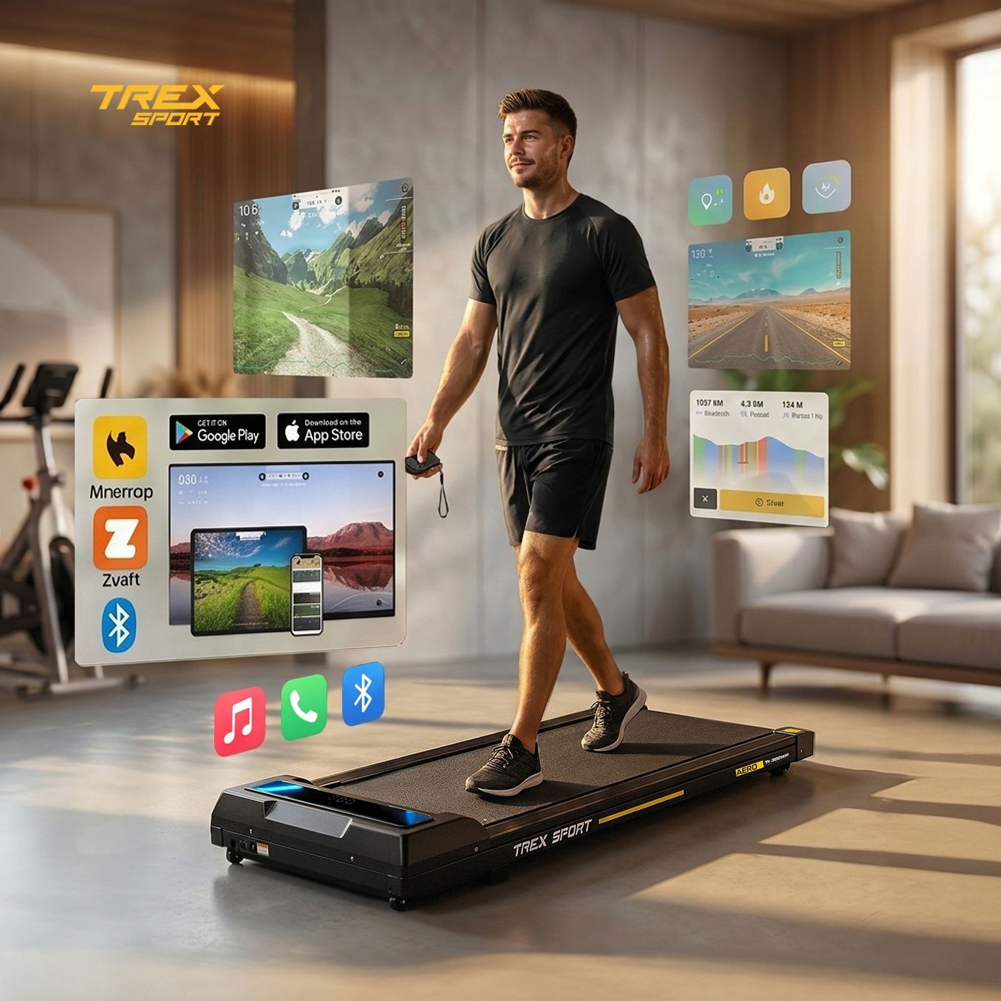 Mężczyzna ćwiczy na bieżni elektrycznej TREX SPORT w jasnym pomieszczeniu. Wokół niego widoczne są ikony aplikacji i statystyki treningowe, takie jak dystans i czas.