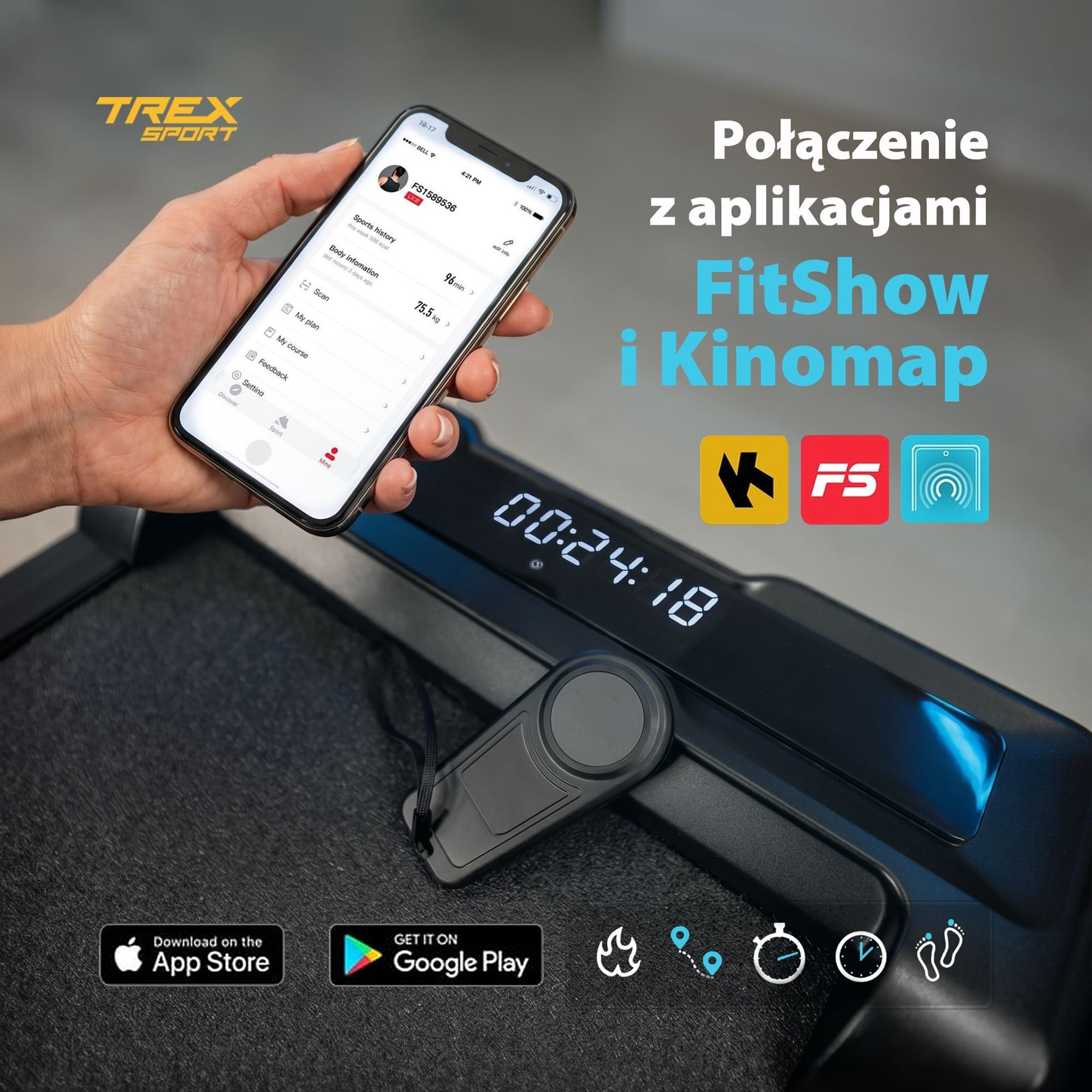 Osoba trzyma smartfon z aplikacją fitness, obok wyświetlacz bieżni pokazujący czas 00:24:19. Na obrazie widoczne są logotypy aplikacji FitShow i Kinomap oraz logo TREX SPORT.