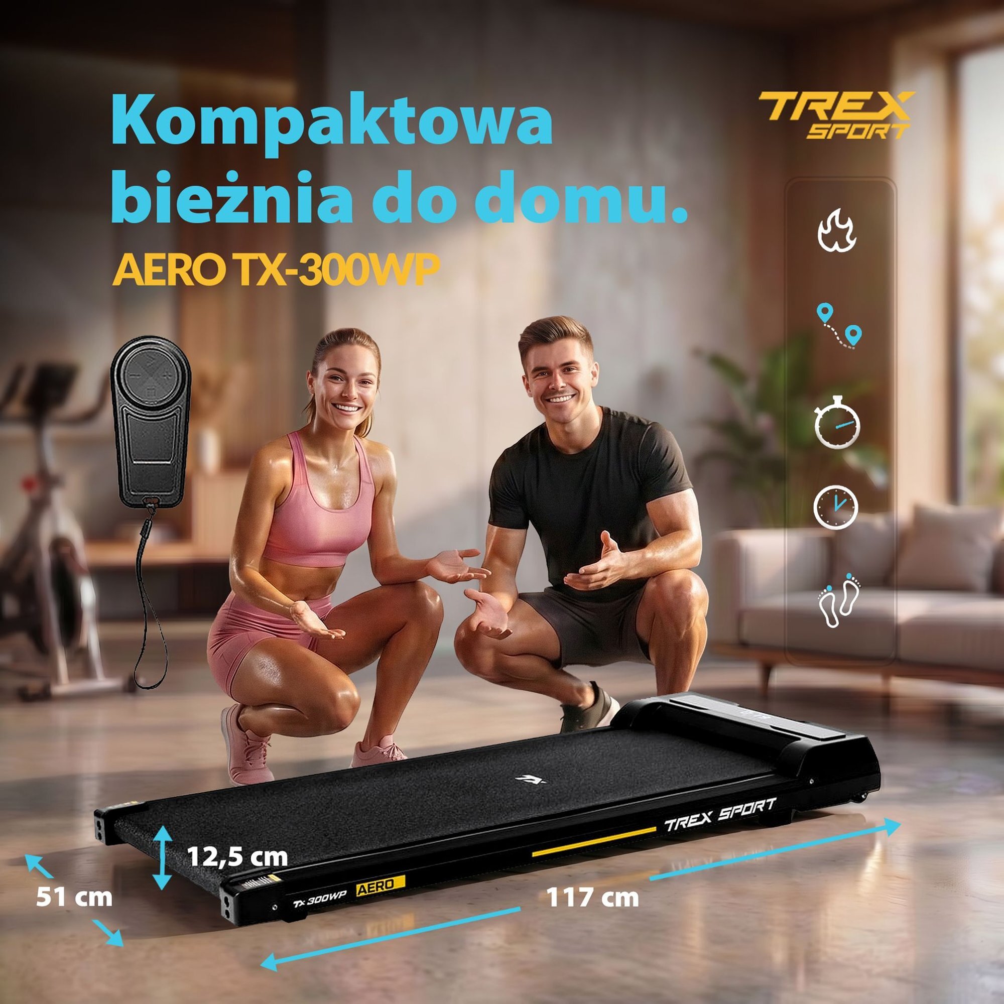 Na obrazie widoczna jest bieżnia elektryczna z napisem \'TREX SPORT\' oraz \'AERO TX-300WP\', a obok niej znajdują się dwie osoby w sportowych strojach. W tle widoczne są ikony symbolizujące różne funkcje oraz tekst: \'Kompaktowa bieżnia do domu.\'