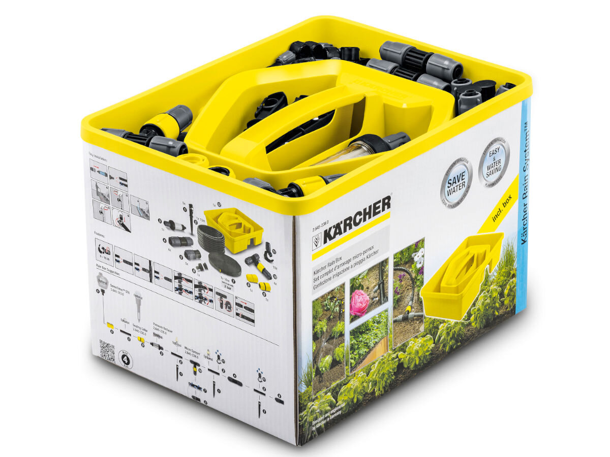 Zestaw do nawadniania KARCHER Rain System 2.645-238.0, nawodnienie, Konstrukcja, doprowadzenie, czas, na białym tle zestaw do nawadniania karcher od frontu prawo skos lekko od góry