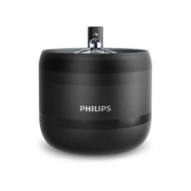 Czarna fontanna dla zwierząt z logo PHILIPS na przodzie, z centralnie umieszczonym wylotem wody na górze.