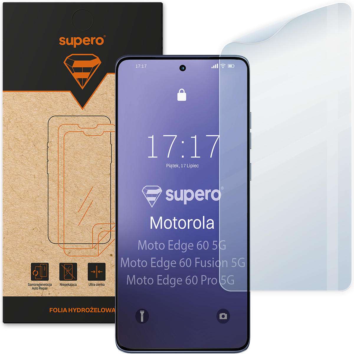 Na obrazie widoczna jest folia hydrożelowa Supero do telefonu Motorola Moto Edge 60 5G, Fusion 5G, Pro 5G oraz opakowanie z logo Supero. Na ekranie telefonu wyświetla się godzina 17:17, data Piątek, 17 Lipiec i logo Supero.
