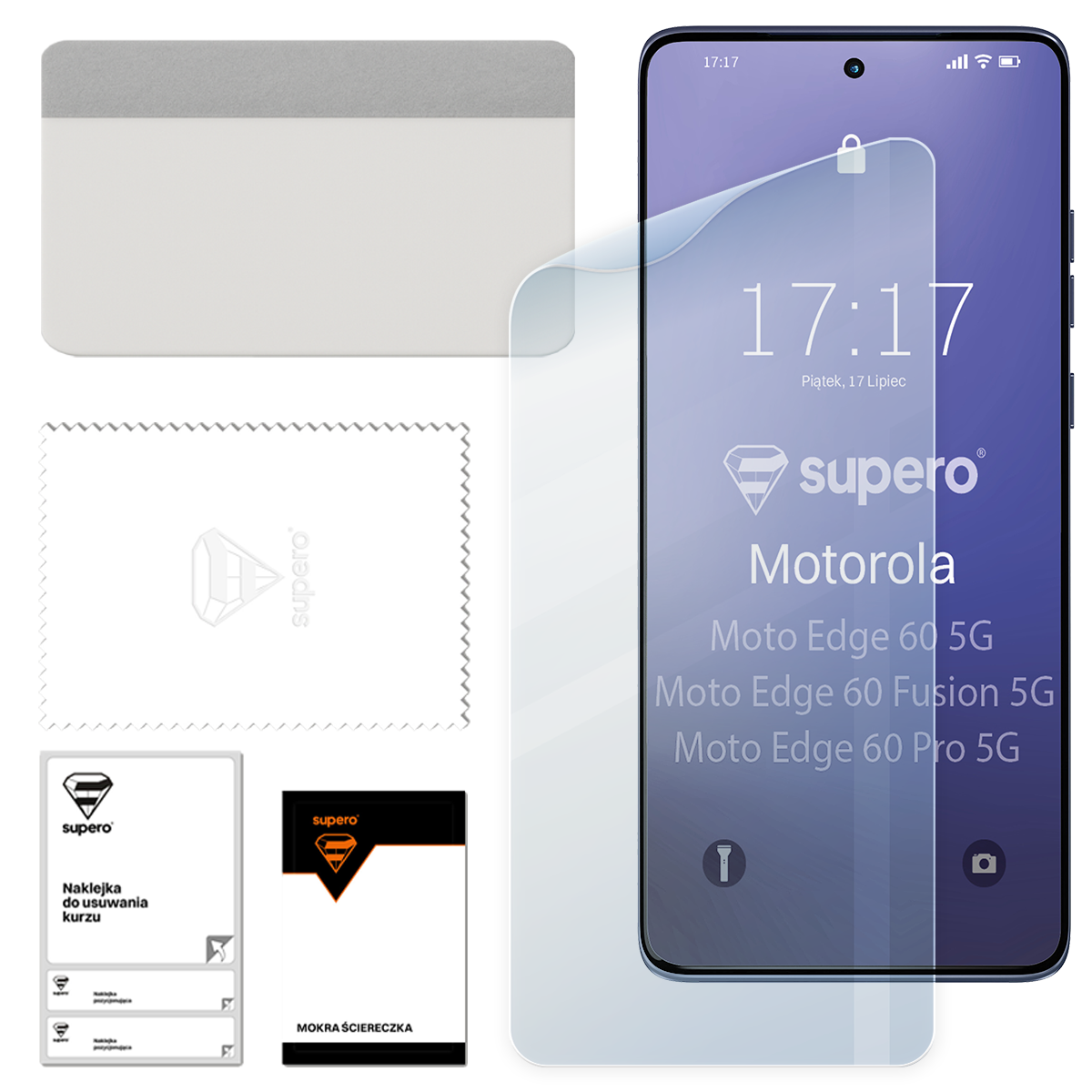 Na obrazie widoczna jest folia hydrożelowa Supero do telefonu Motorola Moto Edge 60 5G, Fusion 5G, Pro 5G, wraz z akcesoriami do aplikacji, takimi jak ściereczka i naklejka do usuwania kurzu. Na ekranie telefonu widoczny jest tekst: \'17:17 Piątek, 17 Lipiec\'.