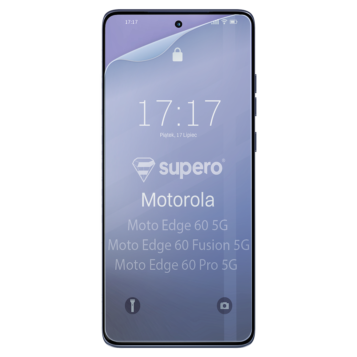 Na obrazie widoczny jest telefon z nałożoną folią hydrożelową, na której znajduje się tekst: \'supero Motorola Moto Edge 60 5G Moto Edge 60 Fusion 5G Moto Edge 60 Pro 5G\'. Ekran telefonu pokazuje godzinę 17:17 oraz datę Piątek, 17 Lipiec.