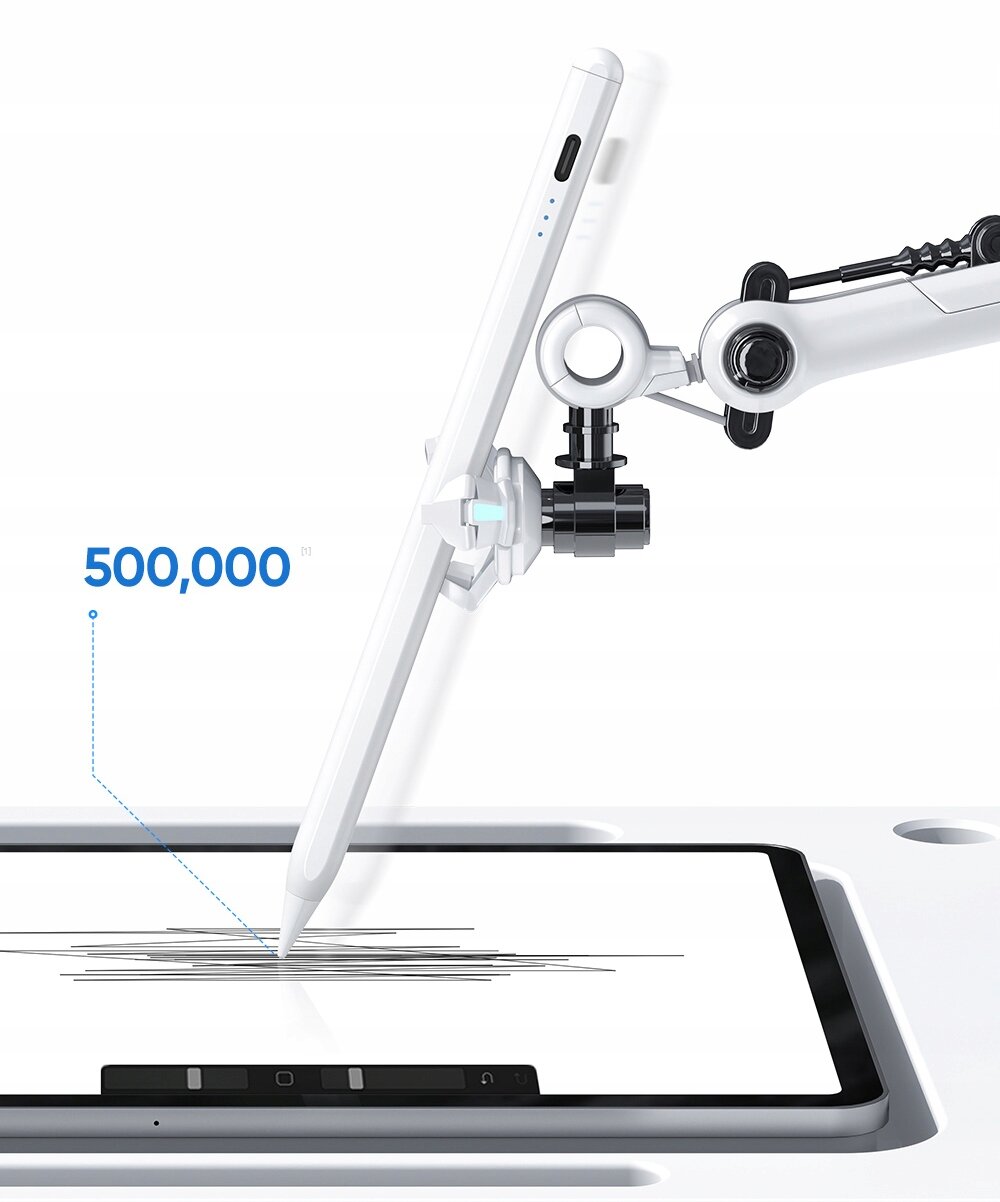 Biały rysik jest trzymany przez mechaniczne ramię i rysuje linie na ekranie tabletu. Obok widoczny jest tekst \'500,000\'.