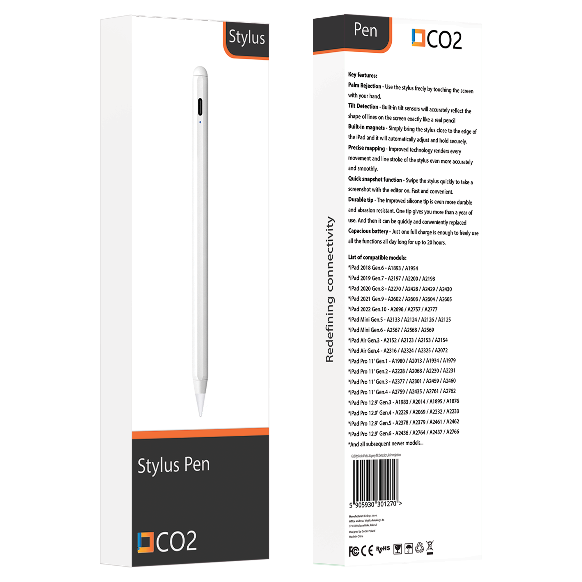 Opakowanie produktu z rysikiem do tableta, z widocznym logo \'CO2\' oraz napisami \'Stylus Pen\' i \'Pen\'. Na boku opakowania znajduje się lista kompatybilnych modeli iPadów oraz kluczowe funkcje rysika.