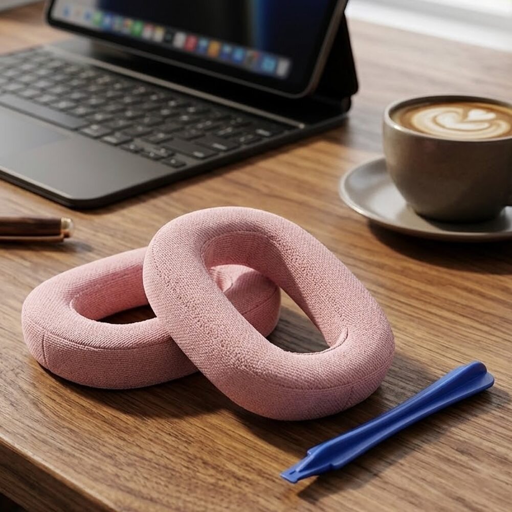 Na drewnianym stole leżą różowe nauszniki obok niebieskiego narzędzia. W tle znajduje się otwarty laptop i filiżanka kawy.