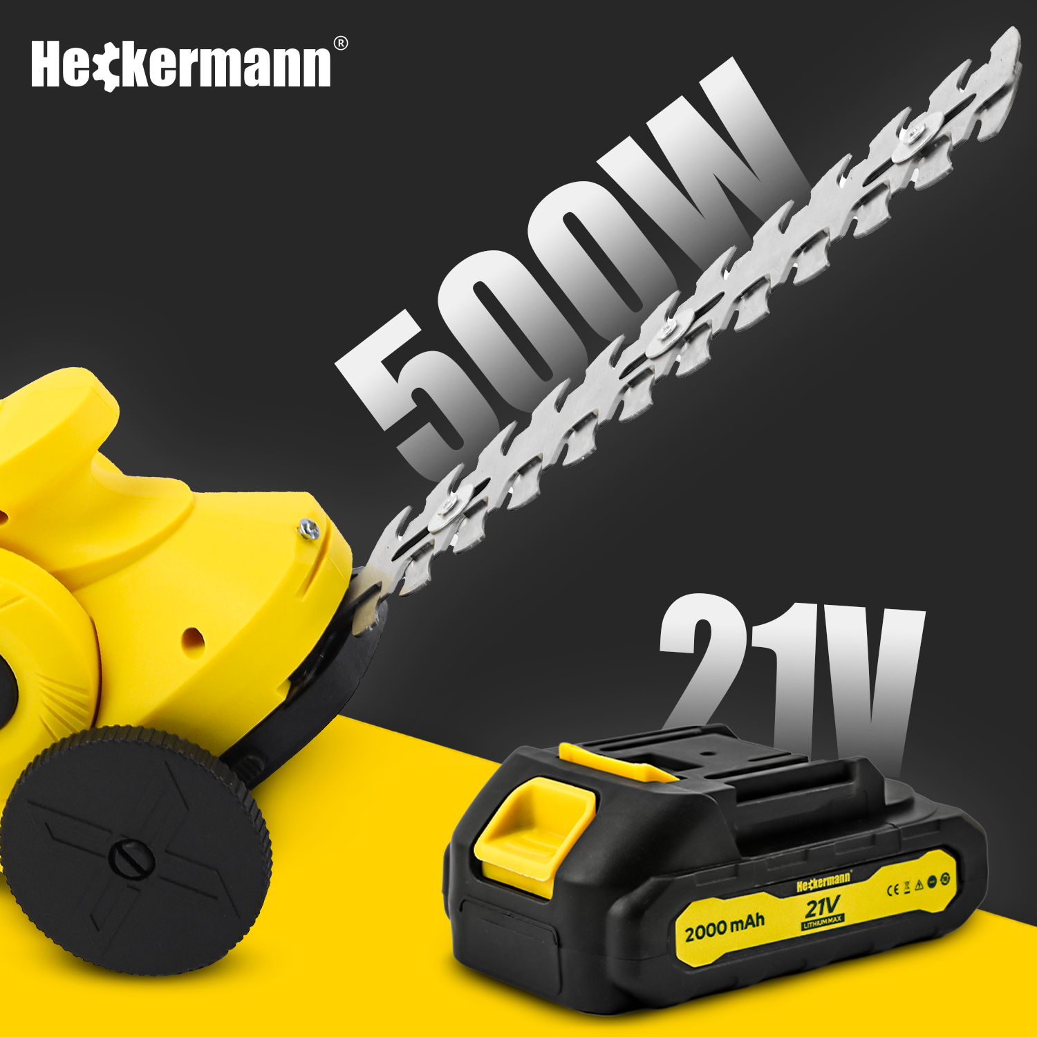 Obraz przedstawia żółte nożyce akumulatorowe z czarnymi kołami oraz akumulator z oznaczeniem 2000 mAh 21V. Widoczne są napisy: \'Heckermann\', \'500W\', \'21V\'.