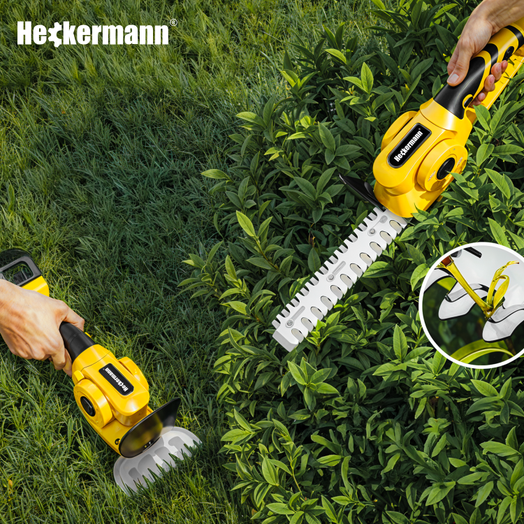 Na obrazie widać żółte nożyce akumulatorowe do trawy marki Heckermann, używane do przycinania trawy i krzewów. Logo \'Heckermann\' jest widoczne na urządzeniu oraz w lewym górnym rogu obrazu.