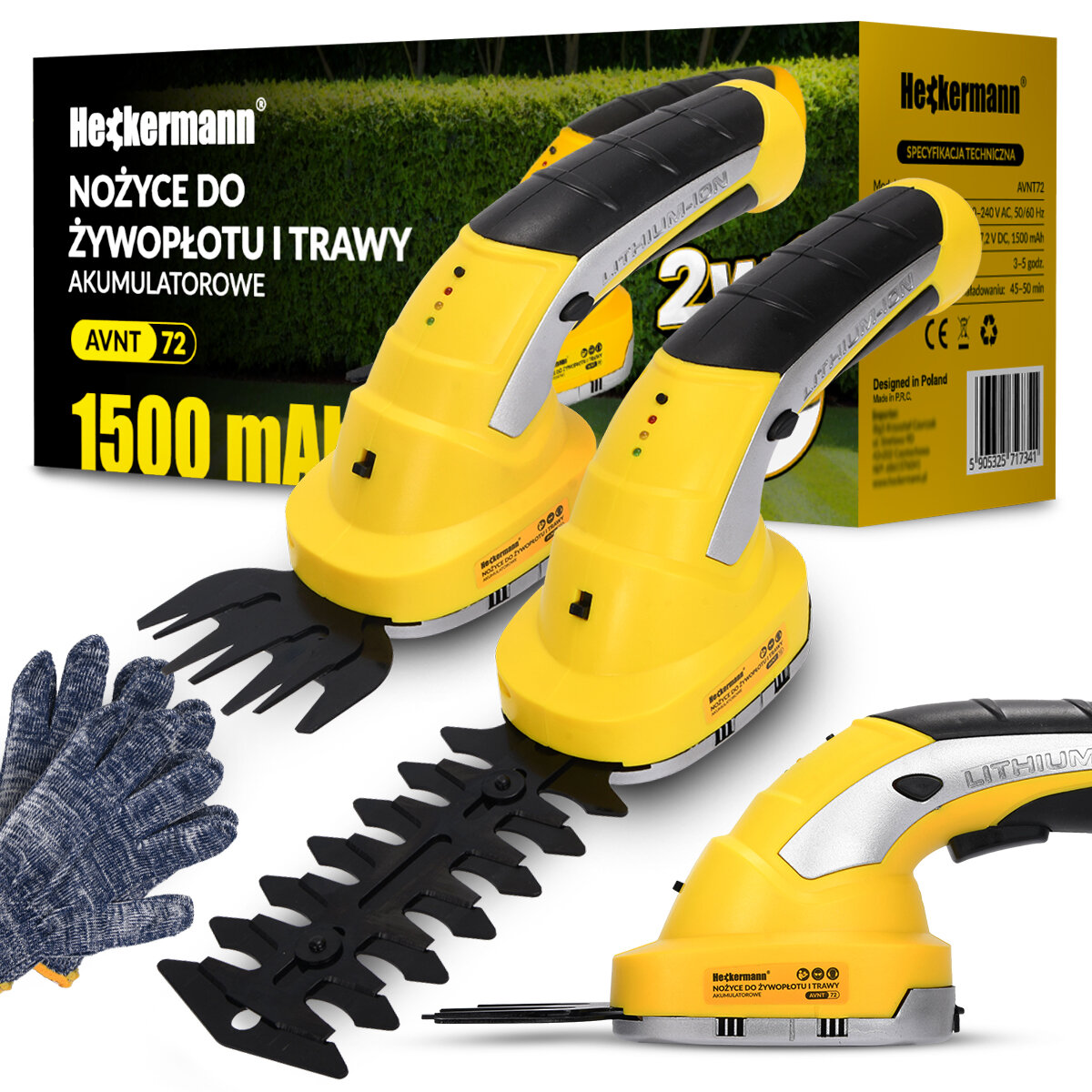 Na obrazie widoczne są żółte nożyce akumulatorowe do trawy z czarnymi elementami oraz rękawice ochronne. W tle znajduje się opakowanie z napisem \'Heckermann Nożyce do żywopłotu i trawy akumulatorowe AVNT 72 1500 mAh\'.