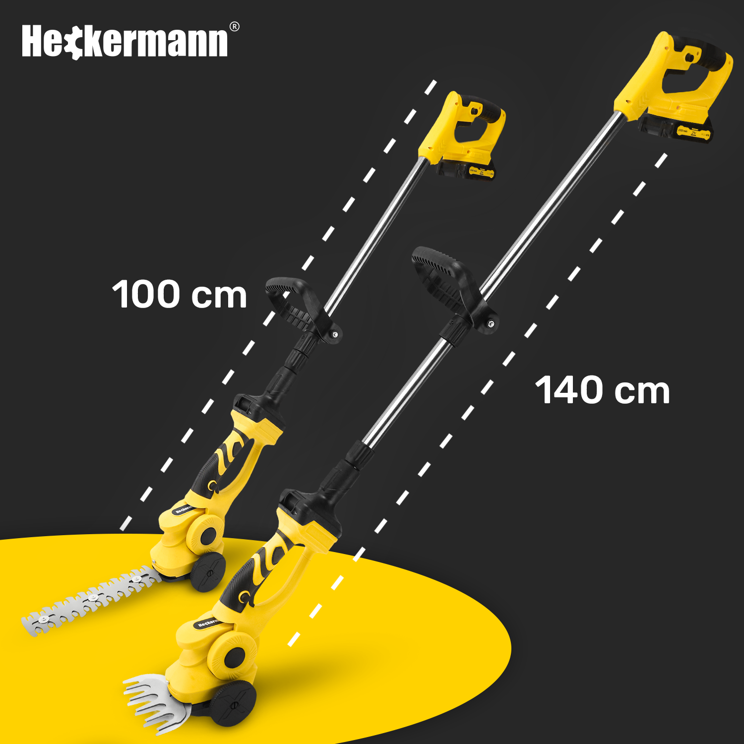 Na obrazie widoczne są dwie nożyce akumulatorowe do trawy na wysięgniku w kolorze żółtym z czarnymi elementami, o długościach 100 cm i 140 cm. W lewym górnym rogu znajduje się logo \'Heckermann\'.