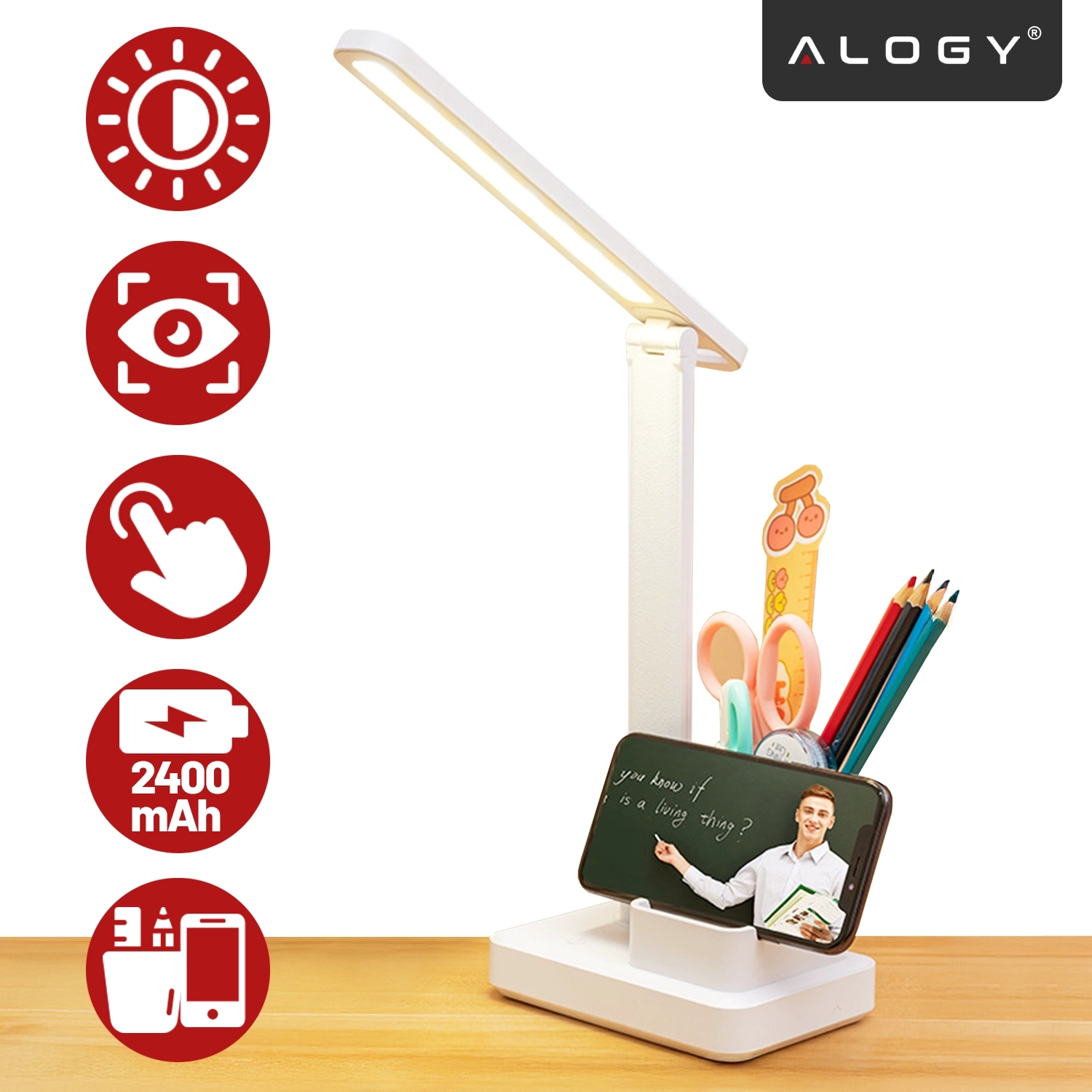 Biała lampka biurkowa LED z regulowanym światłem, posiadająca organizer na przybory oraz miejsce na telefon. Obok lampki znajdują się czerwone ikony z symbolami: słońca, oka, palca, baterii 2400 mAh i organizera.