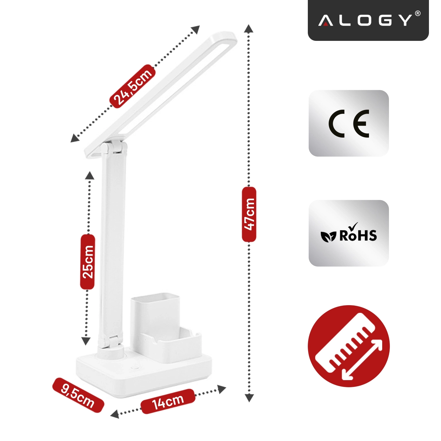 Biała lampka biurkowa LED z regulowanym ramieniem i organizerem, oznaczona wymiarami: 24,5 cm, 25 cm, 47 cm, 9,5 cm, 14 cm. Widoczne są certyfikaty CE i RoHS oraz logo Alogy.