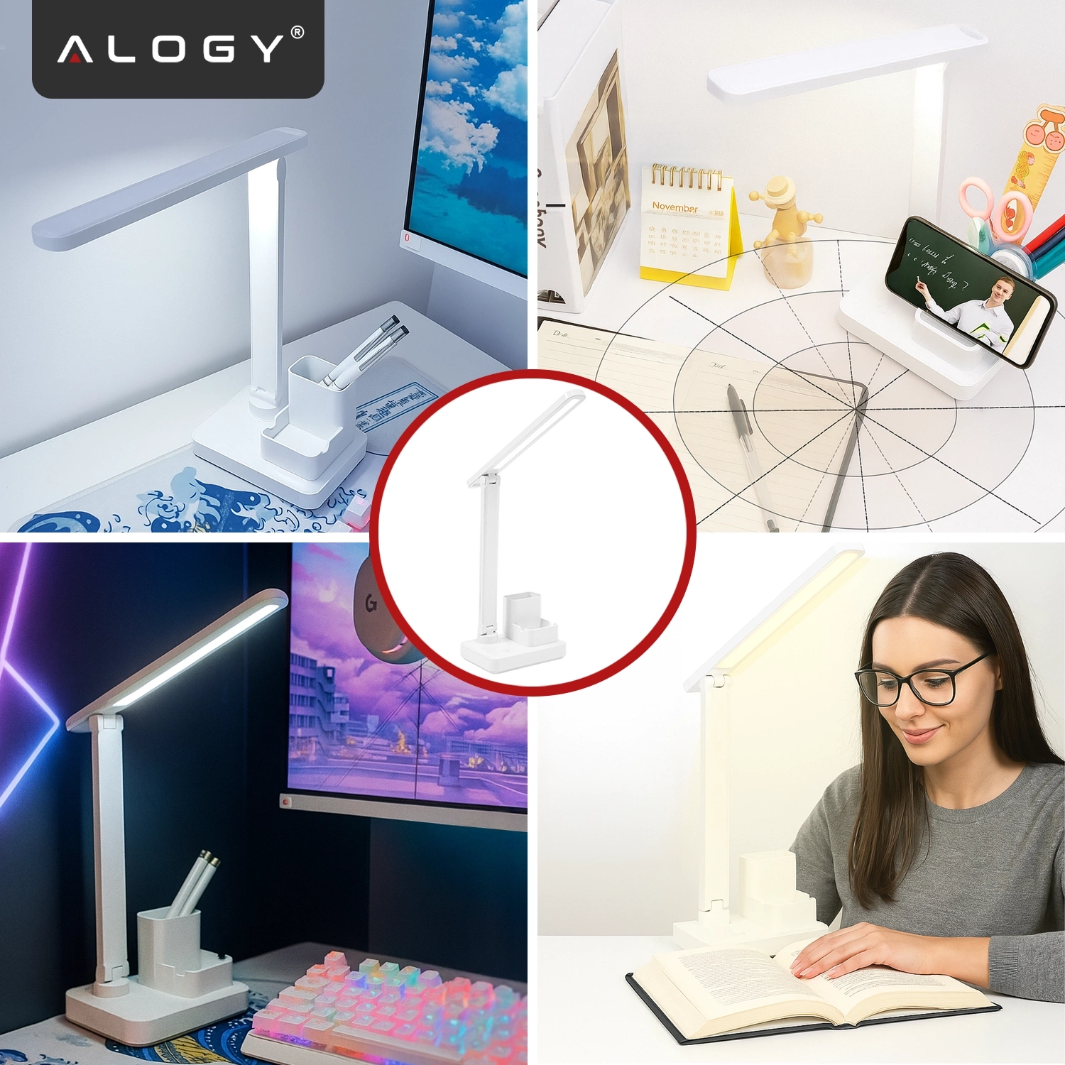 Obraz przedstawia białą lampkę biurkową LED z funkcją organizera, widoczną w różnych ustawieniach i zastosowaniach. Logo \'ALOGY\' znajduje się w lewym górnym rogu.