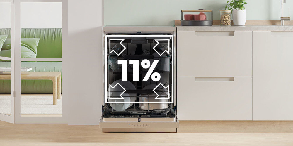Zmywarka w zabudowie kuchennej z otwartymi drzwiami, na których widoczny jest napis \'11%\' otoczony strzałkami. W tle znajduje się zielona sofa i elementy kuchenne.