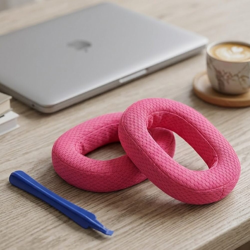 Na drewnianym stole leży para różowych nauszników, niebieski plastikowy przyrząd oraz zamknięty srebrny laptop z logo w kształcie jabłka. Obok znajduje się filiżanka kawy na spodku.