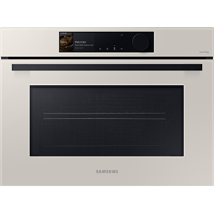 Piekarnik elektryczny w kolorze satynowego beżu z dużym, czarnym panelem sterowania i wyświetlaczem. Na froncie widoczne jest logo \'SAMSUNG\'.