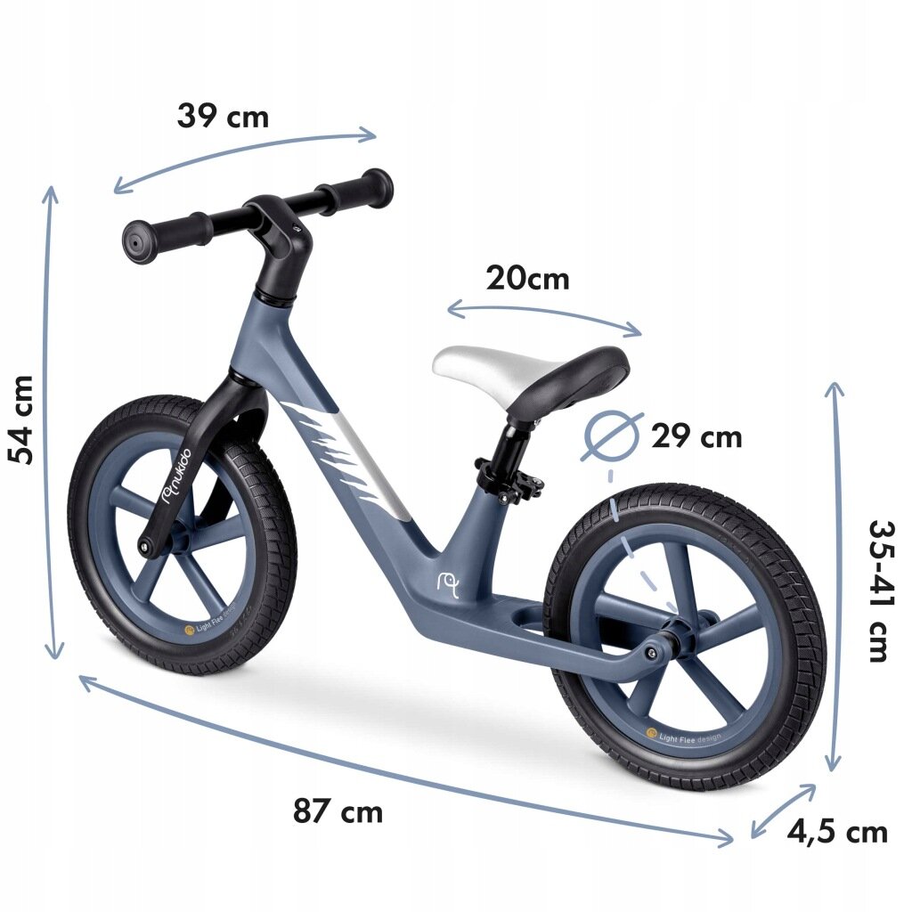 Na obrazie znajduje się niebieski rowerek biegowy z białym siodełkiem, oznaczony wymiarami: 87 cm długości, 54 cm wysokości kierownicy, 35-41 cm wysokości siodełka, 39 cm szerokości kierownicy, 20 cm długości ramy, 29 cm średnicy kół i 4,5 cm szerokości opon. Na ramie widoczne jest logo \'Nukido\' oraz napis \'Light Free\'.