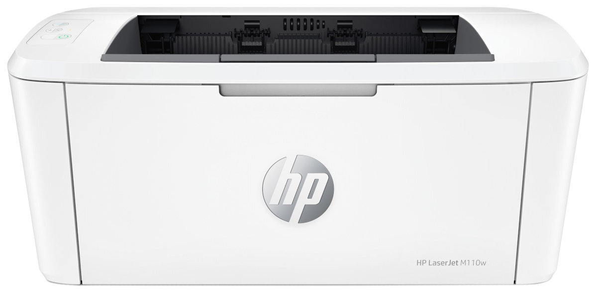 Biała drukarka z widocznym logo \'hp\' na przednim panelu. Na obudowie znajduje się napis \'HP LaserJet M110w\'.