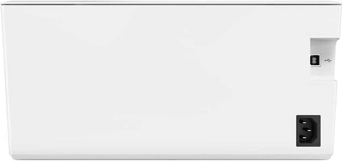 Biała tylna część drukarki z widocznymi portami USB i zasilania. Obudowa jest gładka i minimalistyczna.