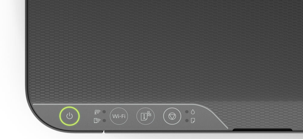 Fragment panelu drukarki z widocznymi ikonami: przycisk zasilania z zielonym podświetleniem, ikona Wi-Fi, ikona informacji, ikona kropelki oraz ikona papieru. Powierzchnia panelu ma teksturę w formie drobnych kwadratów.