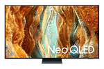 Telewizor z wyświetlaczem prezentującym abstrakcyjny, kolorowy wzór w odcieniach pomarańczowego i niebieskiego. Na ekranie widoczny jest napis \'Neo QLED\'.