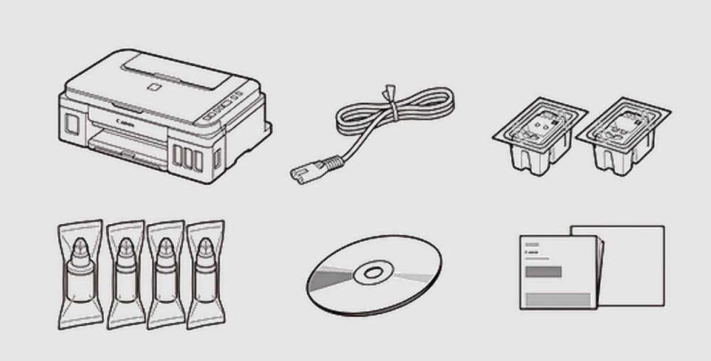 Ilustracja przedstawia urządzenie wielofunkcyjne, kabel USB, dwa pojemniki z tuszem, cztery butelki z tuszem, płytę CD oraz dokumentację. Na urządzeniu widoczne jest logo \'Canon\'.