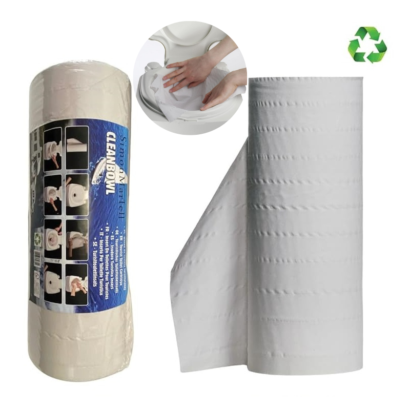 Obraz przedstawia rolkę papieru toaletowego z etykietą \'Cleanbowl\' oraz rozwinięty fragment papieru. W górnym rogu znajduje się symbol recyklingu, a w okrągłym wstawce widoczne są ręce nakładające papier na toaletę.