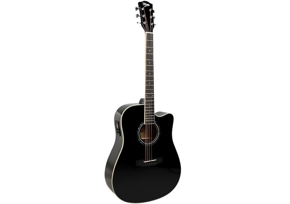 Czarna gitara elektroakustyczna z wycięciem w korpusie, posiada sześć strun i widoczne logo \'V-TONE\' na główce. Instrument ma błyszczące wykończenie i okrągły otwór rezonansowy z ozdobnym pierścieniem.