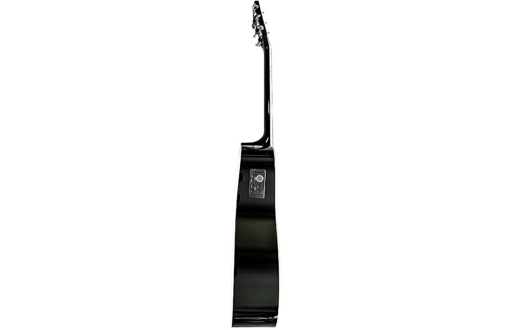 Czarna gitara elektroakustyczna widziana z boku, z widocznym panelem kontrolnym na korpusie.