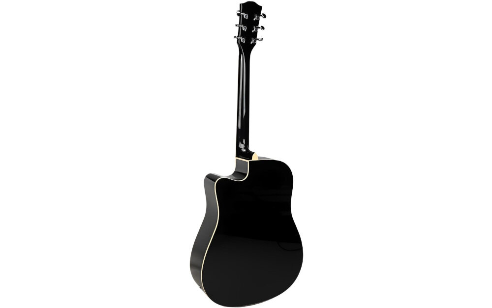 Czarna gitara elektroakustyczna z błyszczącym wykończeniem, widoczna od tyłu. Instrument ma wycięcie w korpusie i jasne obramowanie.